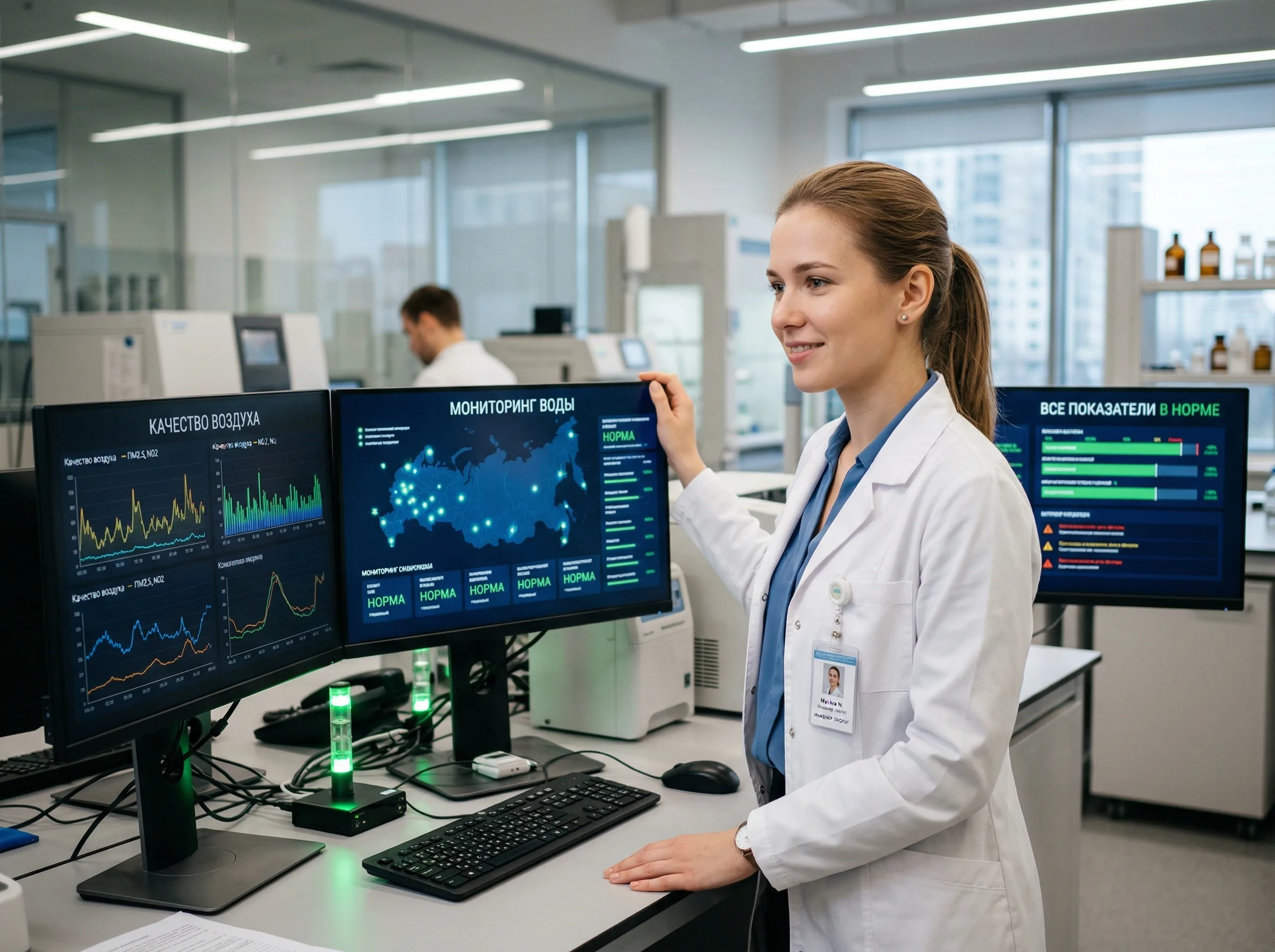 Инженер-эколог у мониторов экологического контроля КПО Корнево